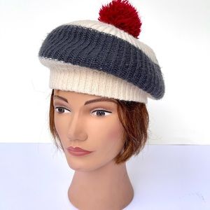 Vintage Knit Handmade Cream Grey and Burgundy Sweater Hat Pom Pom Beanie